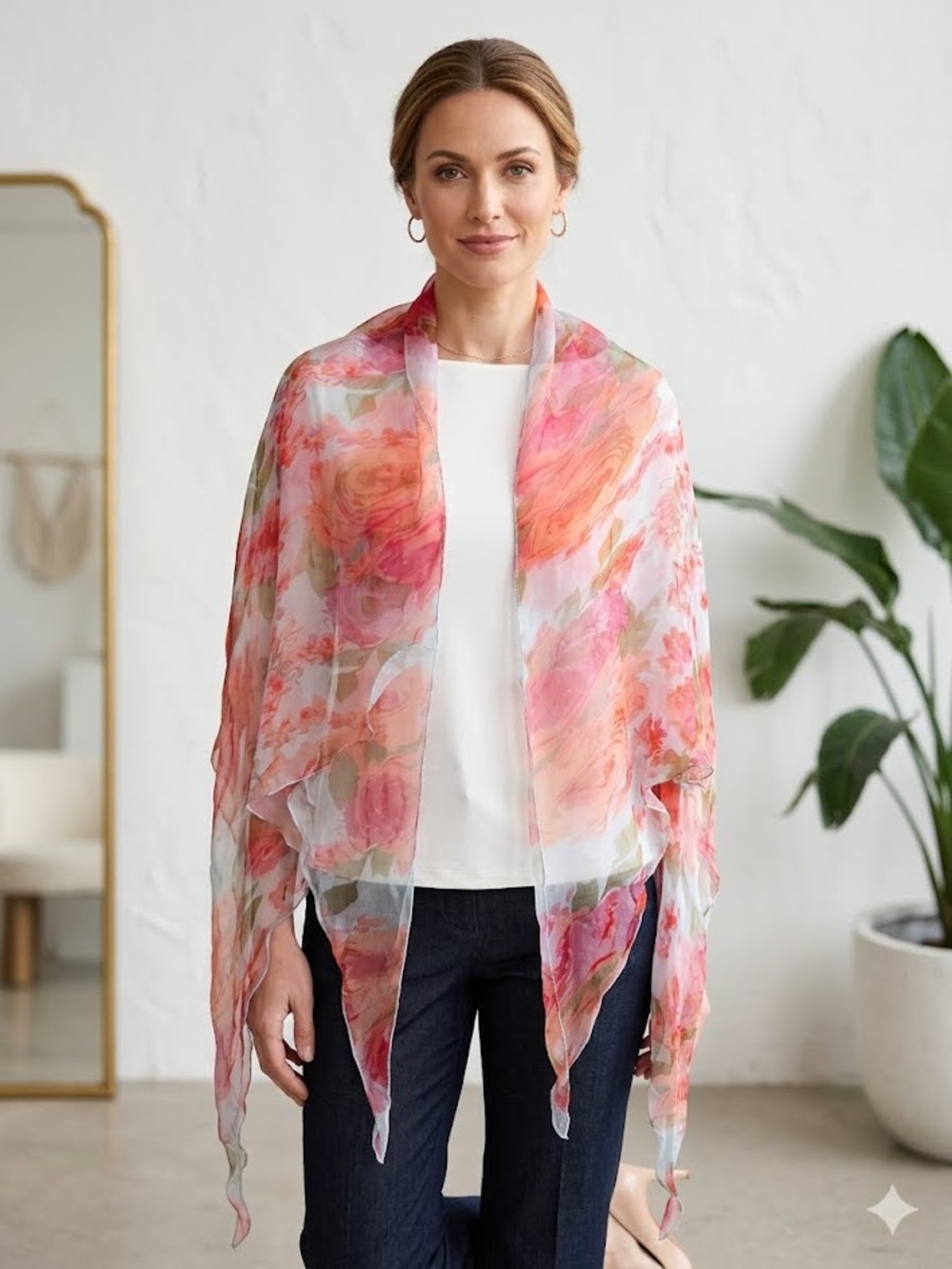 Floral Sheer Scarf Scallop Hem Watercolor Style Rose Print Light Weight Print